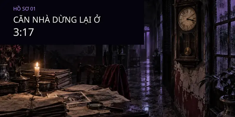 Hồ sơ căn nhà dừng lại ở 3:17 với đồng hồ cổ, hành lang ẩm và bàn tài liệu trong bóng tối