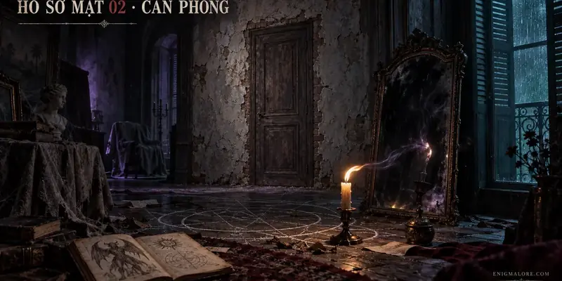 Căn phòng không cửa sổ trong biệt thự bỏ hoang với cánh cửa niêm phong, gương đen và nến