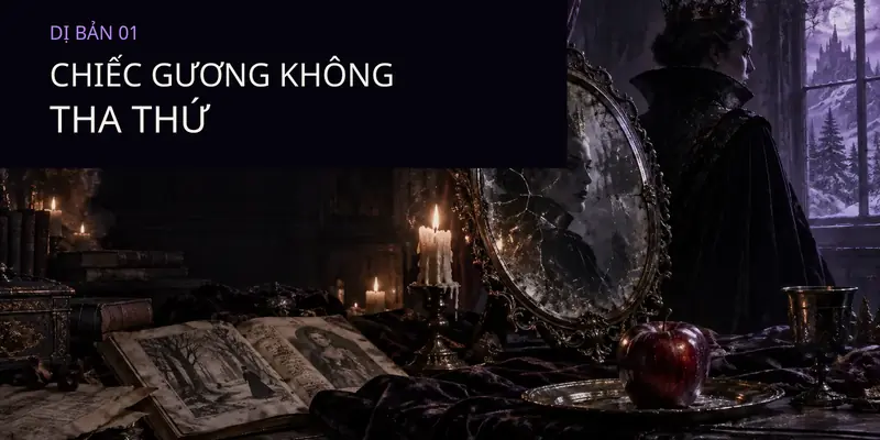 Dị bản Bạch Tuyết với chiếc gương cổ, nữ hoàng, quả táo đỏ và bản thảo trong kho lưu trữ