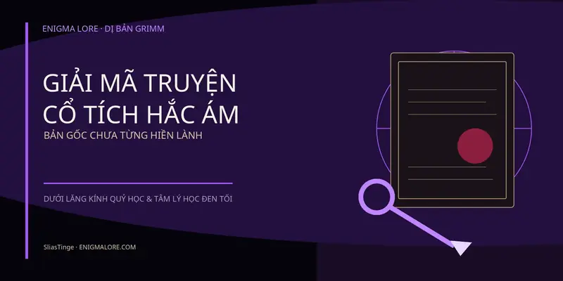 Cover giải mã truyện cổ tích hắc ám với bản thảo Grimm, quả táo đỏ, gương cổ và ánh tím neon