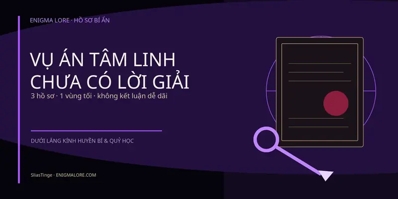 Cover vụ án tâm linh chưa có lời giải với hồ sơ mật, chìa khóa và ánh tím neon của Enigma Lore