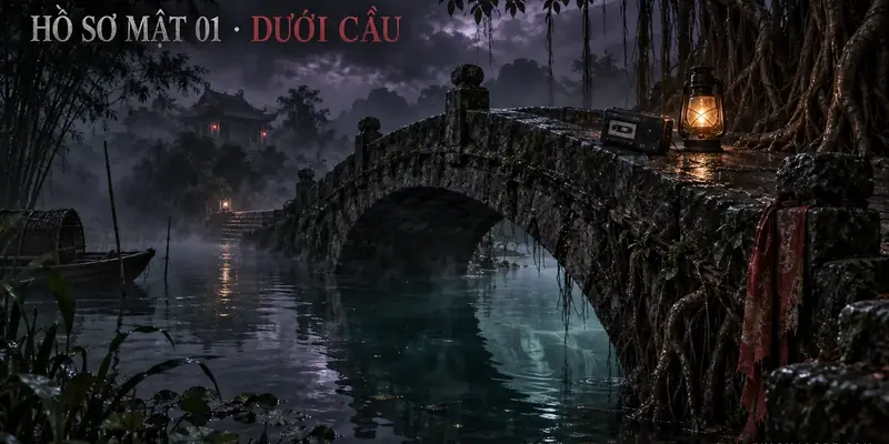 Cây cầu đá sau giờ Tý với máy cassette, đèn dầu và khuôn mặt mờ dưới mặt nước