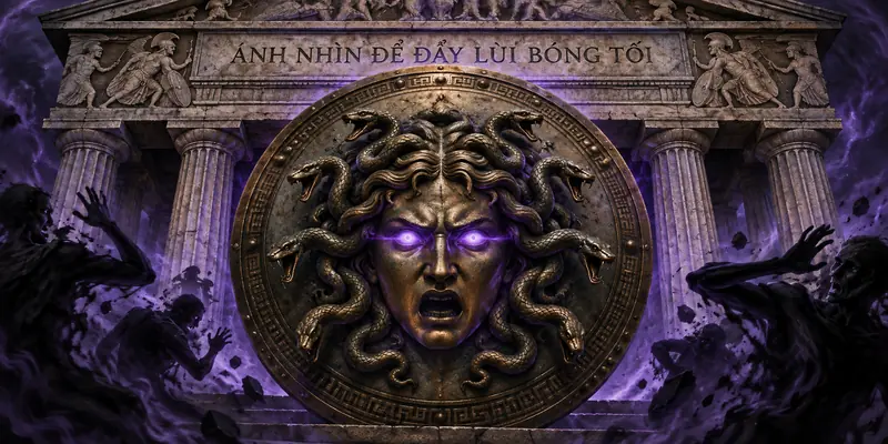 Gorgoneion với gương mặt Medusa dùng để đẩy lùi bóng tối