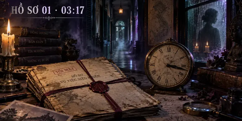Hồ sơ 01 với đồng hồ dừng ở 03:17, hành lang cũ và bóng người trong kính