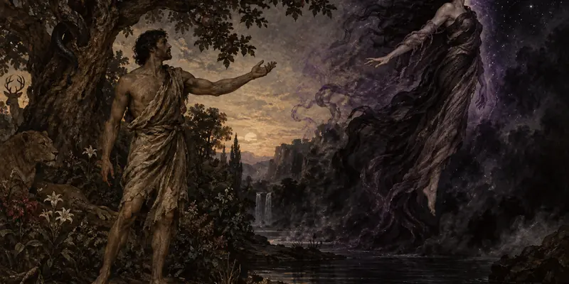 Adam và Lilith đứng ngang hàng trong khu vườn nguyên thủy khi Lilith rời Eden, minh họa dị bản người vợ đầu tiên