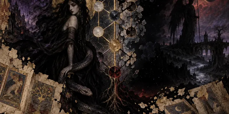 Lilith bên Cây Sự Sống huyền bí và bóng Samael trong vũ trụ Kabbalah, với bản thảo cổ và rắn