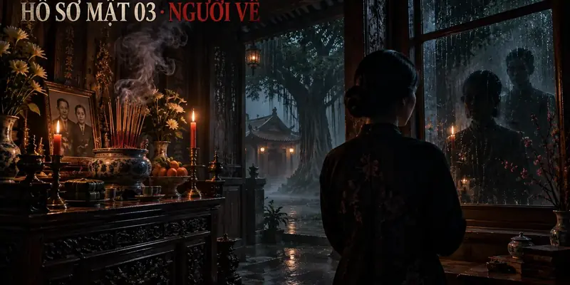 Bàn thờ gia tiên lúc nửa đêm với khói nhang, người phụ nữ trước cửa sổ và bóng người phản chiếu
