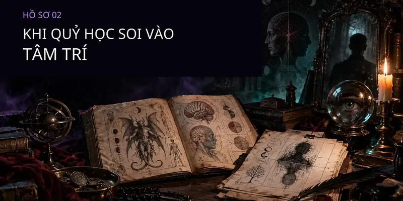 Hồ sơ quỷ học soi vào tâm trí với sách cổ, gương, não người và ánh nến trong kho lưu trữ